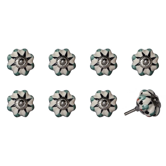 KNOB-IT vintage handpainted ceramic knobs 8 pack featuring flower-shaped white knobs with black star and teal accents, seven front-facing and one angled showing metal bolt, ideal decorative cabinet hardware for drawers and cupboards with trim-to-size bolts.