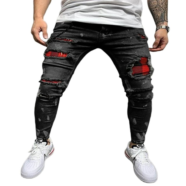 Men’ s High Waist Ripped Slim Fit Jeans