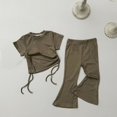 thumbnail image 2 of Zwiiyzr 2025 Toddler Girl Summer Outfits Solid Colour Drawstring Short Sleeve Flared Pants Two Set Cute Pants Size 2-8 Years Green, 2 of 4