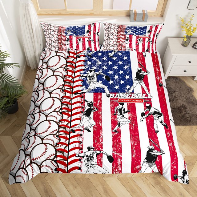 Housse de Couette Rouge Bleu Étoiles et Rayures Ensemble de Literie Batte de Baseball, Housse de Couette Terrain Joueur de Sport Européen pour Garçons Simple, Ballon de Softball Jeux Compétitifs Déco de Chambre Travail d'Équipe