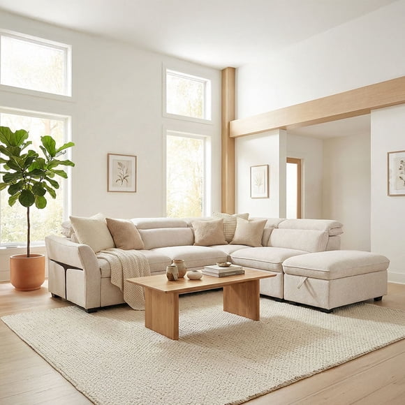 Aykah Ollie Sectional Sofa Bed with Adjustable Headrests, Pull-Out Sleeper, Hidden Storage, Spill-Resistant Fabric (Right Facing)