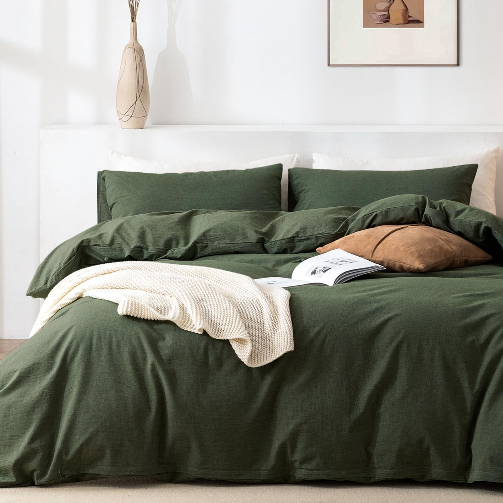 TIPTOE BEAR King Duvet Cover Set- 100% Washed Cotton 3 Pcs Soft Comfy Breathable Chic Linen Feel Bedding, 1 Duvet Cover and 2 Pillow Shams, Olive Green