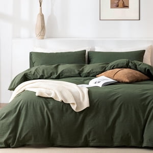 TIPTOE BEAR King Duvet Cover Set- 100% Washed Cotton 3 Pcs Soft Comfy Breathable Chic Linen Feel Bedding, 1 Duvet Cover and 2 Pillow Shams, Olive Green
