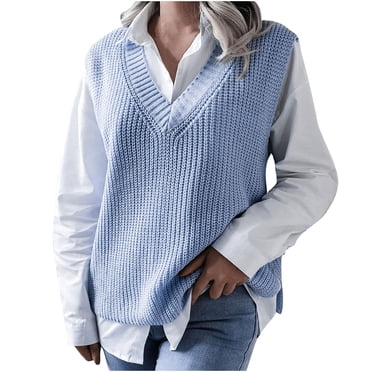 TIMIFIS Blue Sweater Vests for Women V Neck Sleeveless Solid Color Loose Pullover Winter Fall Sweater Knitwear Tank Tops Knit Pullover Top OuterwearFall/Winter