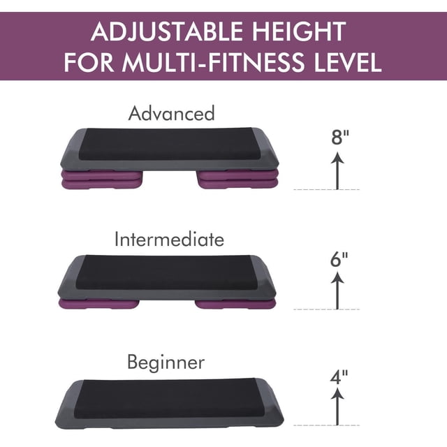 Soozier 3-position aerobic stepper with adjustable heights of 4, 6, and 8 inches for beginner, intermediate, and advanced fitness levels, featuring a black non-slip surface and purple risers for stability and varied workout intensity.
