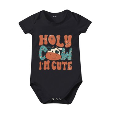 GPOECD Boys and Girls HOLY COW IM CUTE Cartoon Print Short Sleeved Crawl Clothes 1 to 10 Years Old Children Short Sleeve Rompers for Boys and Girls Black-2,6-12 Months
