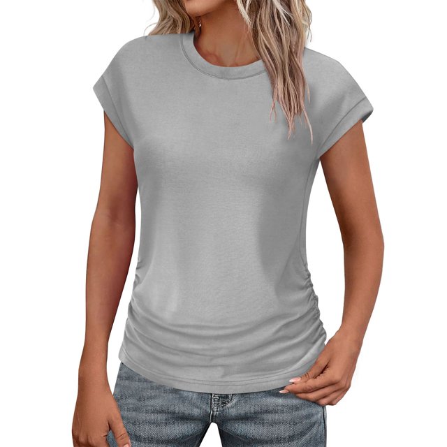 T-shirts d'Été pour Femmes Tendance 2025 Froncés à Manches Courtes Style Cap, T-Shirts Basiques à Col Rond