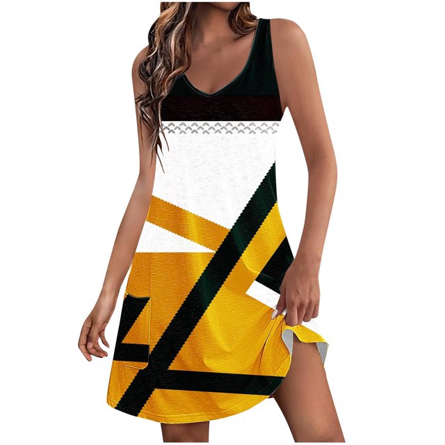 Penkiiy Robes pour Femmes pour Vacances à la Plage Été Boho Robe d'Été avec Poches T-Shirts Col en V Robes Débardeurs S Jaune