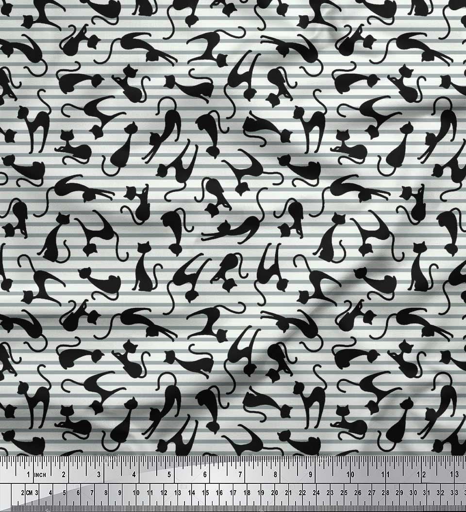 Soimoi Silk Fabric Stripe & Cat Animal Print Fabric by The Yard 42 Inch Wide