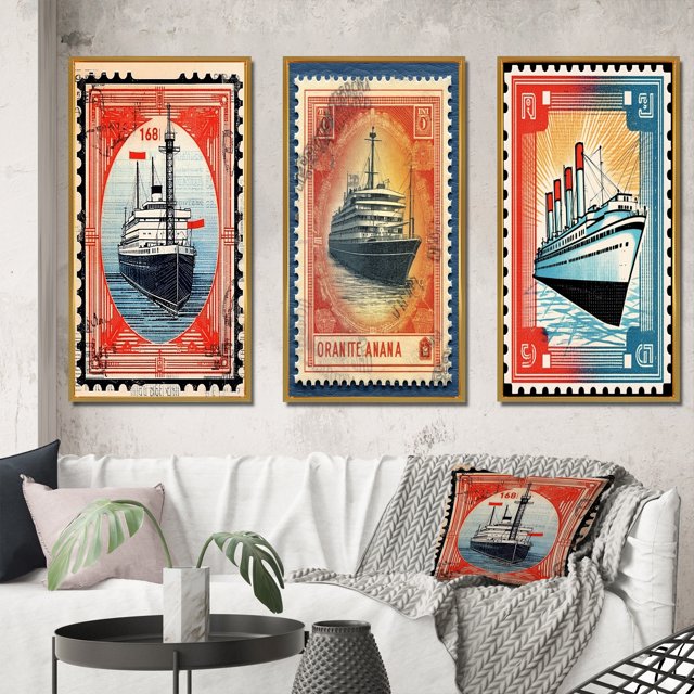 Designart "Vintage RMS Titanic Postal Stamp II" Boat Framed Wall Art Set Of 3 - Red Modern Frame Gallery Wall Set For Home Decor