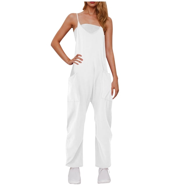 yoeyez Womens Rompers And Jumpsuits Plus Size,Women's Solid Color V Neck Sling Overalls Rompers Sleeveless Backless Wide Leg Trouser Overalls Jumpsuit With Pockets White,3XL