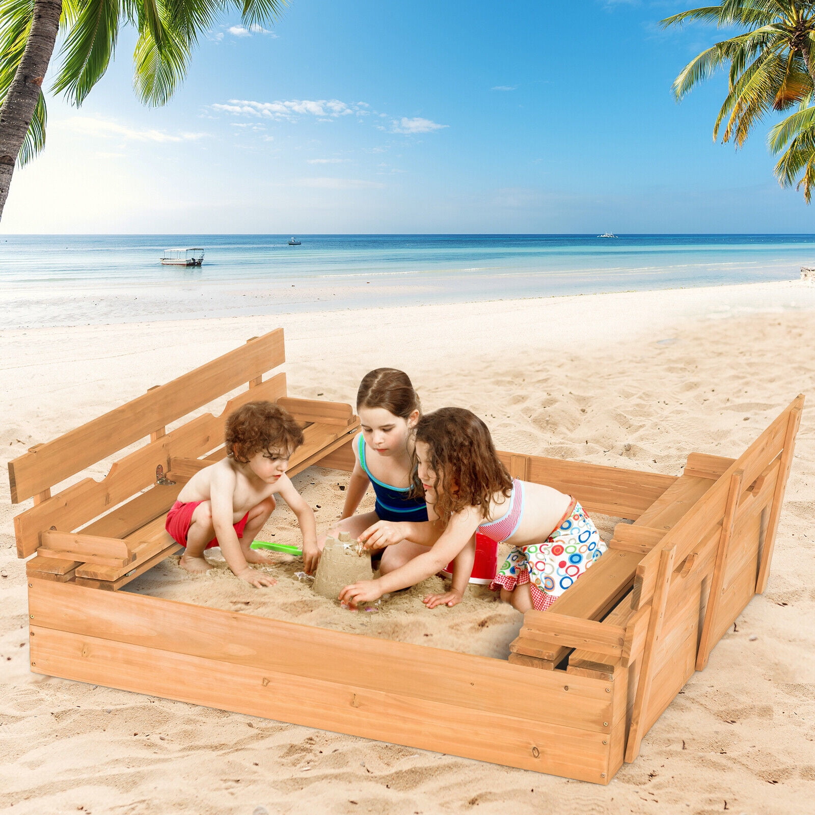 Gymax Kids Large Wooden Sandbox Outdoor Cedar Sandpit with 2 Bench