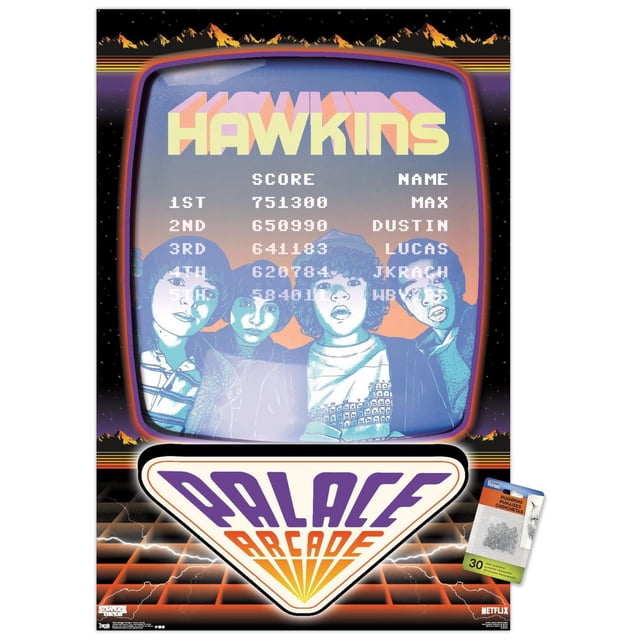 Netflix Stranger Things: Season 2 - Palace Arcade Wall Poster, 22.375" x 34" featuring a retro arcade screen with 'HAWKINS' in large yellow letters and a high score list including Max, Dustin, and Lucas. The poster shows a purple and orange Palace Arcade logo on a grid floor with lightning effects, set against a starry night sky and mountain silhouettes, ideal for room décor or themed events.