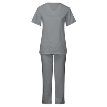 EGNMCR Nursing Scrub Workwear Sets for Women T Shirt Solid Color Working Uniform V Neck Short Sleeve+Long Pants with Pockets