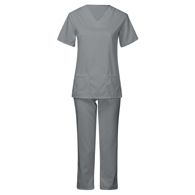 Penkiiy Women's Short Sleeve V-Neck Scrub Set, Gray