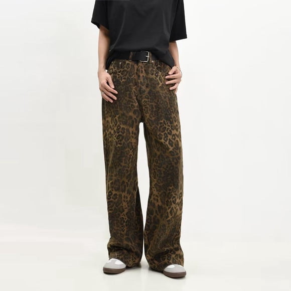 Brown Leopard Jeans for Women Men Denim Pants Women Wide Leg Trousers Streetwear Hip Hop Vintage