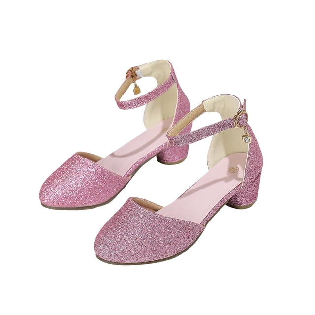 New Kids Girls Dress Shoes Chunky Low Heels Sequins Ankle Strap Adjustable Buckle Rhinestone Pendant Glitter Sparkling Ballet Performance Wedding Party Mary Jane Princess Shoes Pink