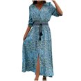 thumbnail image 2 of FcBaudy Robe à Manches Courtes à Col en V, Robes d'Été pour Femmes, Robes pour Femmes Robe Bohème Décontractée à Manches Mi-Longues Imprimée avec Taille à Bretelles et Boutons Robe de Plage Robe pour Femme, 2 of 5