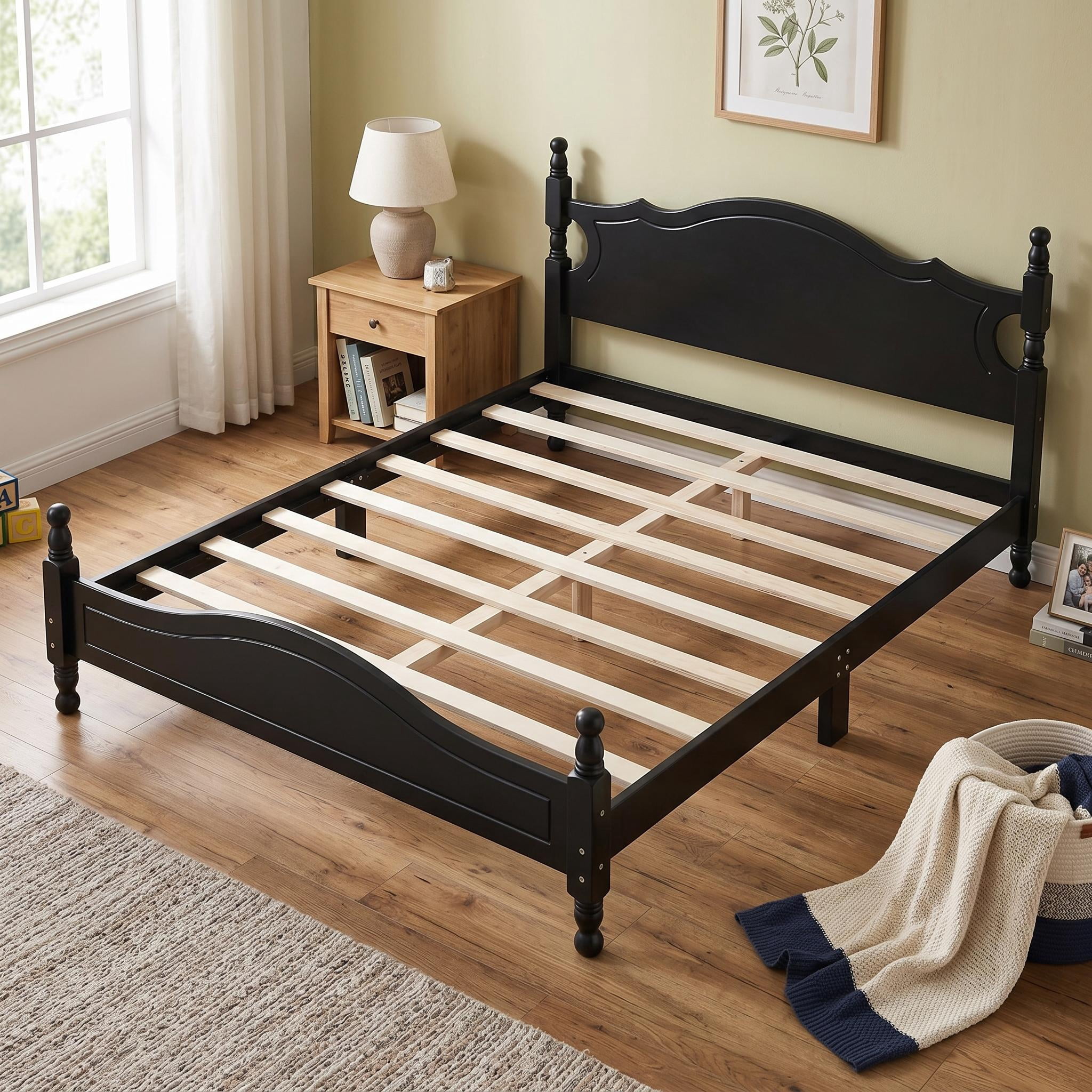 Homy Casa lit double 56,2 po avec lattes en bois, tête et pied de lit arqués pour chambre, chambre d’amis, appartement, noir