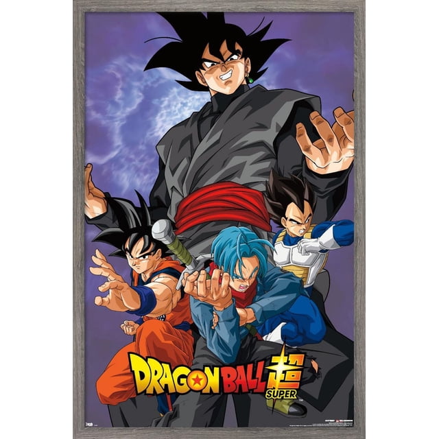Dragon Ball : Super - Affiche Murale de Méchant, 22,375 Pouces x 34 Pouces Mettant en Vedette Quatre Personnages d'Anime en poses Dynamiques contre un Ciel Violet et Nuageux. le Plus Grand Personnage Porte une Tenue Gris Foncé avec une Ceinture Rouge et une Boucle d'Oreille Verte, Debout derrière Trois Autres : l'Un dans un gi d'Arts Martiaux orange, un Personnage aux Cheveux Bleus Tenant une Épée, et un Autre en Armure Bleue et Blanche. l'Affiche Comprend le logo Super Dragon Ball en Jaune et Rouge Audacieux au