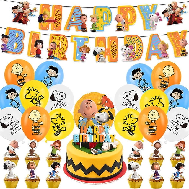 Snoopy Theme Birthday Party Supplies Decoration Kits including a vibrant 'Happy Birthday' banner, multicoloured balloons featuring Snoopy and Peanuts characters, a large cake topper with Snoopy and Charlie Brown, and 12 cupcake toppers showcasing Peanuts characters. Perfect for birthday decorations and party supplies for indoor or outdoor celebrations.