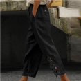 thumbnail image 2 of JUNWELL Women‘s Cotton Linen Lace Patchwork Design High Waist Drawstring Pocket Button Nine-Point Pants Long Pants Black 4, 2 of 9