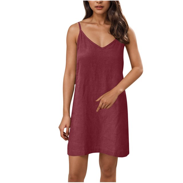 JGGSPWM Robe de Nuit Midi Sans Manches pour Femmes en Coton et Lin à Bretelles Spaghetti, Col en V, avec Poches, Robe de Sommeil Bordeaux m