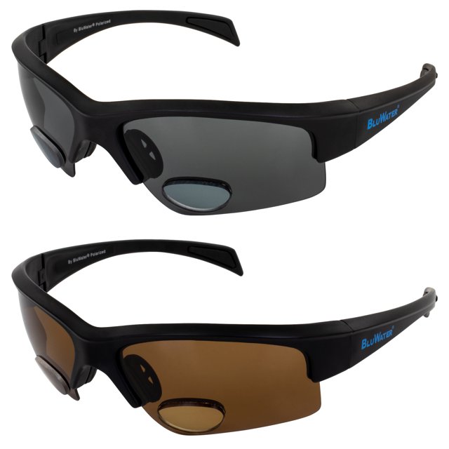 Global Vision BluWater Bifocal 2 Polarized Sunglasses Scratch-Resistant Black Frame w/ Smoke & Amber Lenses +2.0 Magnification
