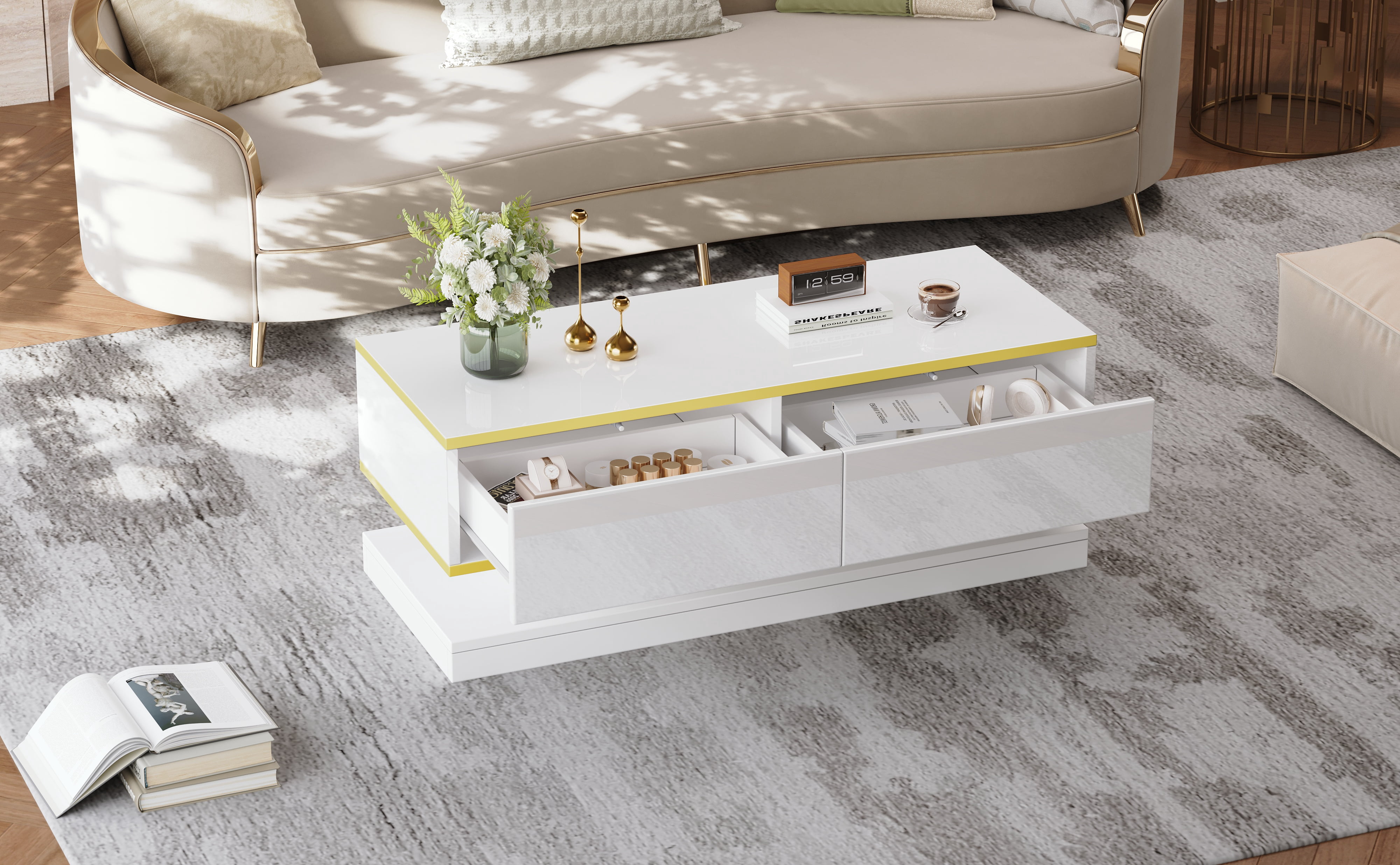 Table basse Noble House 100 cm, fini lustré, bordure dorée, 2 tiroirs, blanche