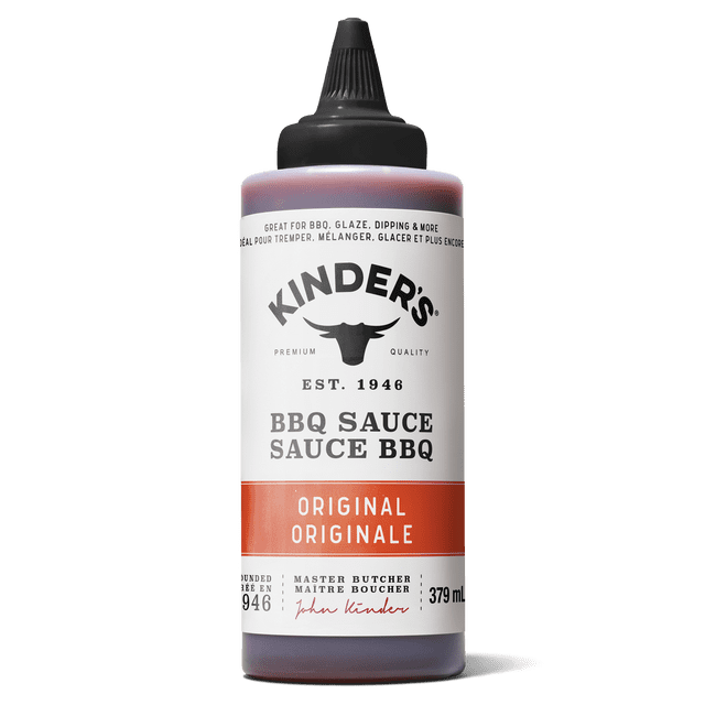 Kinder's Original BBQ Sauce 379ml in a squeezable bottle with black twist cap and white label with black and orange text, ideal for BBQ, glazing, dipping, and as a condiment for fries, sandwiches, and pizza.