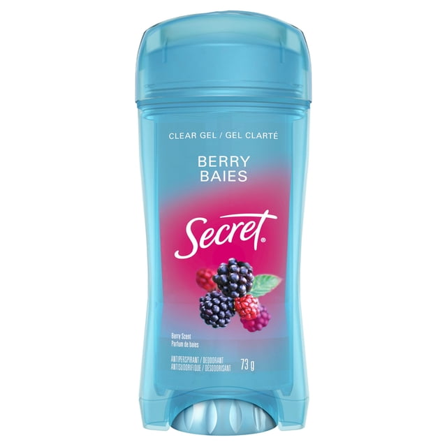 Secret Clear Gel Antiperspirant and Deodorant Berry Scent in a translucent blue plastic stick container with a rounded cap, featuring berry graphics and 73 g weight, providing 48-hour odor and wetness protection for daily personal care.