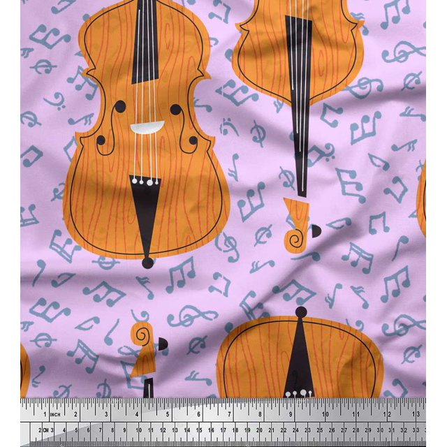 Soimoi Purple Cotton Voile Fabric Notes & Violin Musical Instrument Printed Fabric 1 Yard 42 Inch Wide