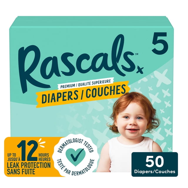 Rascals Premium Couches pour Bébé Absorbantes, Taille 5, Petit Carton, 50 Unités, avec Emballage Bilingue Anglais et Français Mettant en Valeur jusqu'à 12 Heures de protection contre les Fuites et Sécurité Testée par des Dermatologues sur Fond Sarcelle.