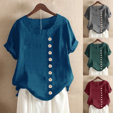 Chemises pour Femmes Hauts Tuniques Décontractées Grande Taille Col Rond Imprimé Ample Bouton Tunique Chemisier Hauts