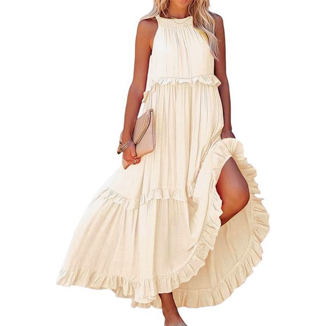 Robes d'Été pour Femmes 2025 Robe Maxi Sans Manches Décontractée Fluide à Volants Élégante Unie Beige TTG