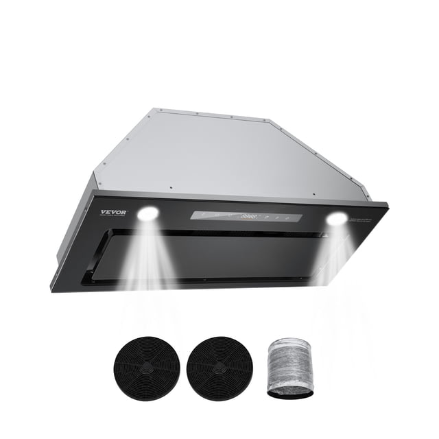 VEVOR Hotte de Cuisinière Intégrée de 30 Po avec Puissance d'Aspiration de 800 CFM, Dotée d'Un design Noir Épuré avec Commandes Tactiles et Gestuelles. l'Image Montre la Hotte avec Deux Lumières DEL Éclairées, des Filtres en Acier Inoxydable Détachables et des Accessoires Inclus comme Deux Filtres au Carbone et un Tuyau de Ventilation. Conçue pour une installation avec Conduit Ou Sans Conduit, Elle Offre 4 Niveaux de Vitesse du Ventilateur et Fonctionne Silencieusement à Moins de 65 dB.