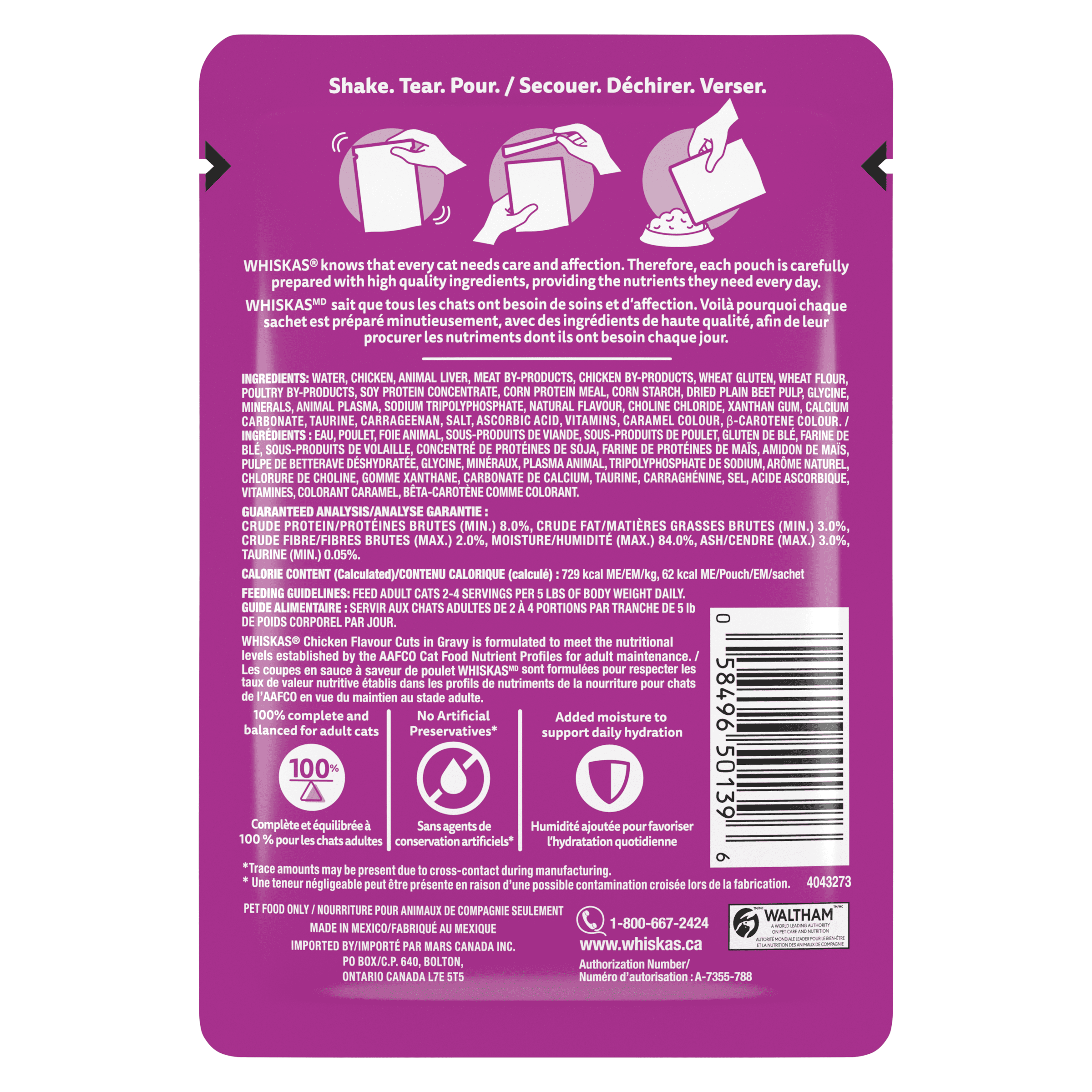 Nourriture humide pour chats adultes WHISKAS FAVORIS coupes en sauce – saveur de poulet, sachet de 85 g