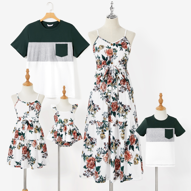PatPat Family Matching Color Block Tee and Cami Top Button Belted Flounce Hem Strap Dress Sets
