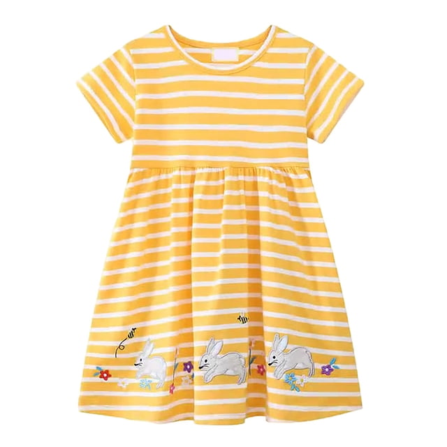 MIASHUI Robes de Pâques pour Filles, Robes Décontractées à Manches Courtes avec Lapin, Jaune, 2-3 Ans