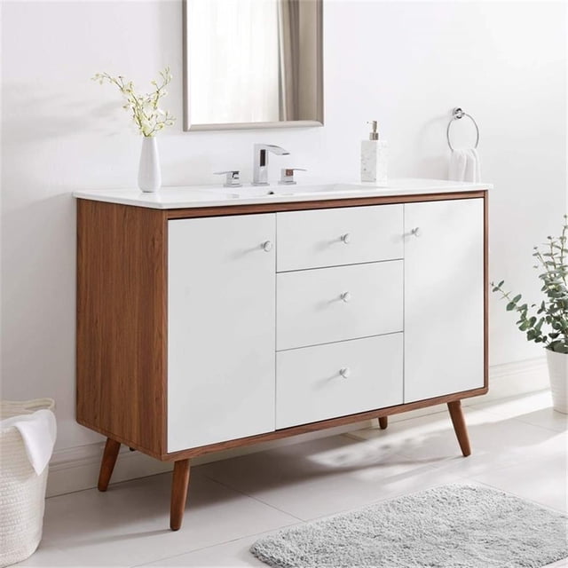 Pemberly Row Meuble-Lavabo de Salle de Bain Moderne en Bois à Lavabo Simple de 47 Pouces en Noyer/blanc