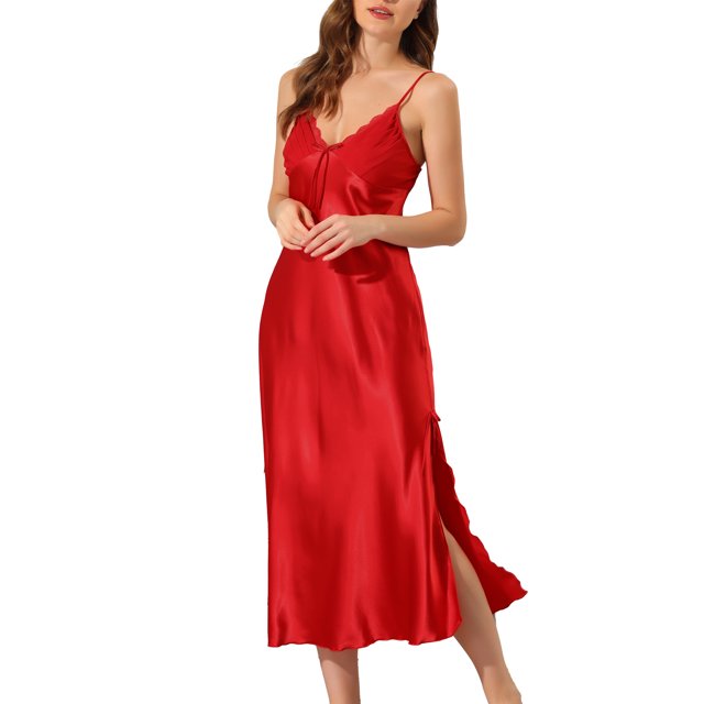 INSPIRE CHIC Nuisette d'Halloween en Satin pour Femme, Col en V, Sans Manches, Maxi Chemise de Nuit avec Bretelles Spaghetti Ajustables et Détail Plissé, Robe de Détente Soyeuse, Rouge Moyen