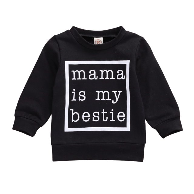 Baby Pullover Sweater with 'mama is my bestie' letter printing, shown in black with a classic round neck and ribbed cuffs. Made of soft cotton, this long-sleeved top is designed for comfort and ease of wear, suitable for children aged 0-2 years. Ideal for casual, outdoor, or seasonal wear in autumn, winter, and spring.