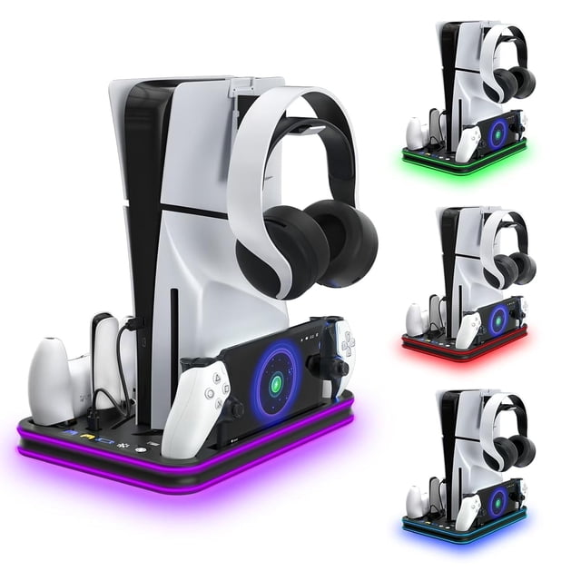 PS5 Slim Bracket And Cooling Station with RGB LED controller, featuring a charging station for PlayStation 5 controllers and accessories. The stand is compatible with PS5 Slim Digital and Disc Edition consoles, holding a PS5 console, DualSense controllers, PS Portal Remote Player, and headphones. Includes a 4500RPM ultra-quiet turbo cooling fan with three adjustable speeds and a magnetic design for the PS Portal. The base features customizable RGB LED lighting and a clear LED indicator for charging status. Shown in a sleek, organized setup with glowing RGB lights in purple, red, and green.