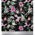 thumbnail image 1 of Soimoi Pink Polyester Crepe Fabric Bird,Leaves & Orchids Flower Decor Fabric Printed BTY 42 Inch Wide, 1 of 3