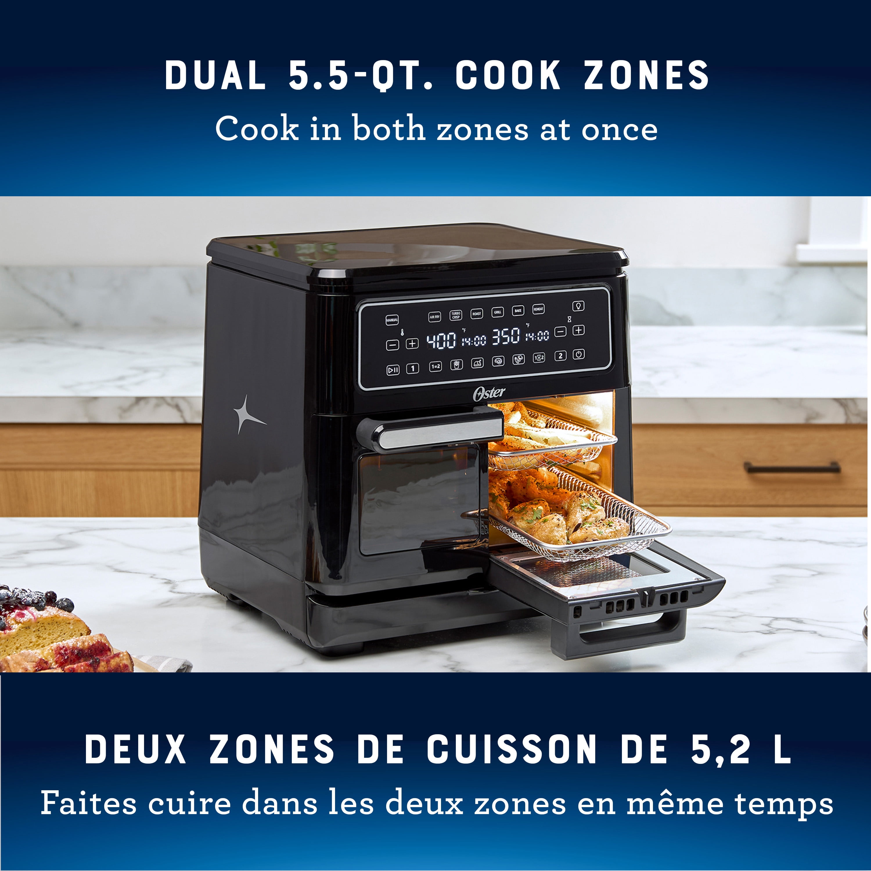 Four friteuse à air Flex de 10,4 L, friteuse à air double avec deux zones de cuisson, friteuse à air double avec six fonctions de cuisson, grande friteuse à air avec deux paniers à friture Oster