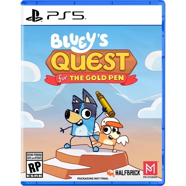 Bluey's Quest for the Gold Pen PlayStation 5 game cover featuring cartoon characters Bluey and Bingo standing on a rocky platform under a blue sky with clouds, Bluey holding a large gold pen, with Halfbrick and PM Studios logos and ESRB rating pending.