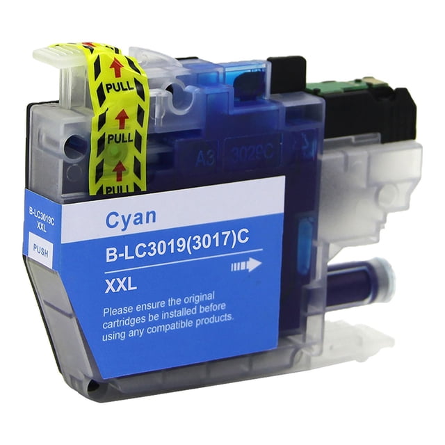 L-ink Compatible Ink cartridge LC3019 Cyan (LC3019C, LC-3019) with translucent plastic body and blue label marked B-LC3019(3017)C XXL, featuring a yellow pull tab. Compatible with Brother printers, it delivers sharp, smudge-free prints and a 1500 page yield, ideal for economical printing.