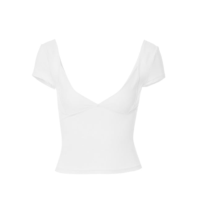Gupgi Women Deep V Neck T-Shirts Solid Color Short Sleeve Low Cut Slim Crop Top