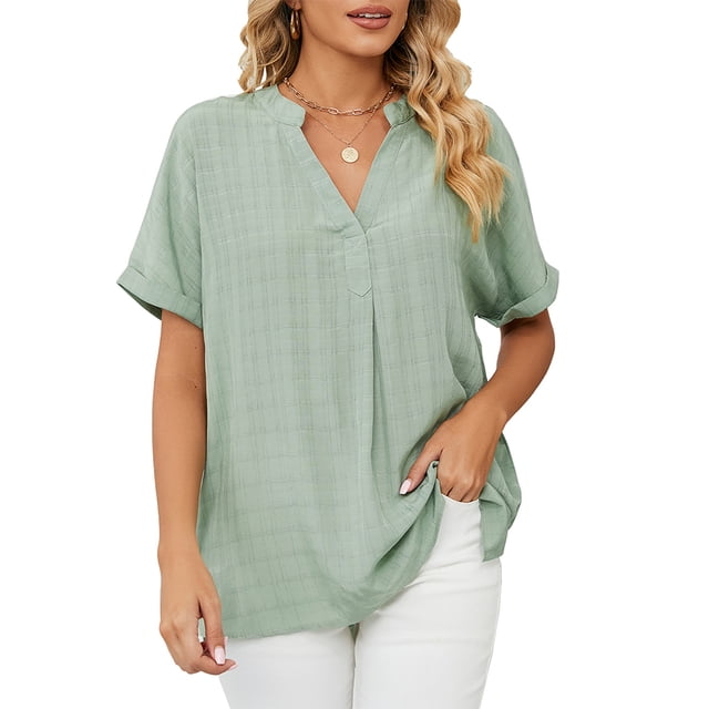 FJUCHAI Womens Shirts V Neck Short Sleeve Buttons Tops Tee Solid Color Blouse Loose Fit S-XXL