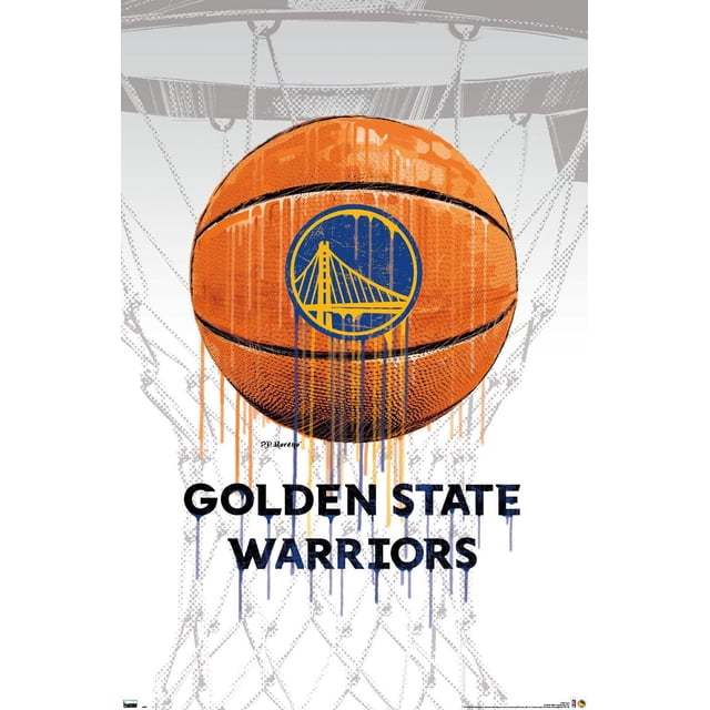 NBA Golden State Warriors - Affiche Murale Drip Ball 20, 22,375 Po x 34 Po Représentant un Ballon de basketball Centré avec le logo des Golden State Warriors en Dégradé de Bleu et de Jaune sur un Fond de Filet de Panier de basketball en Niveaux de Gris, avec Texte Audacieux « Golden State Warriors » en Dessous, Imprimée sur du Papier d'Affiche Lustré, Convient à la Décoration Murale de la Maison Ou du Bureau.